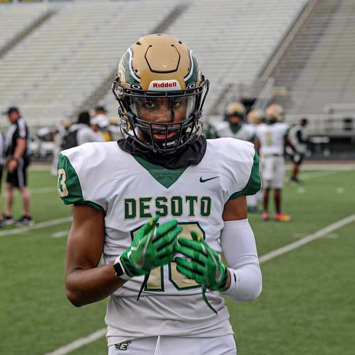 Stephon Johnson at DeSoto spring football practice. Johnson transferred from Lancaster this offseason.